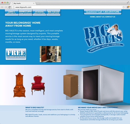 Website for Big Vaults, featuring text about portable storage solutions. Includes images of storage options like furniture and a vault for secure, accessible moving.