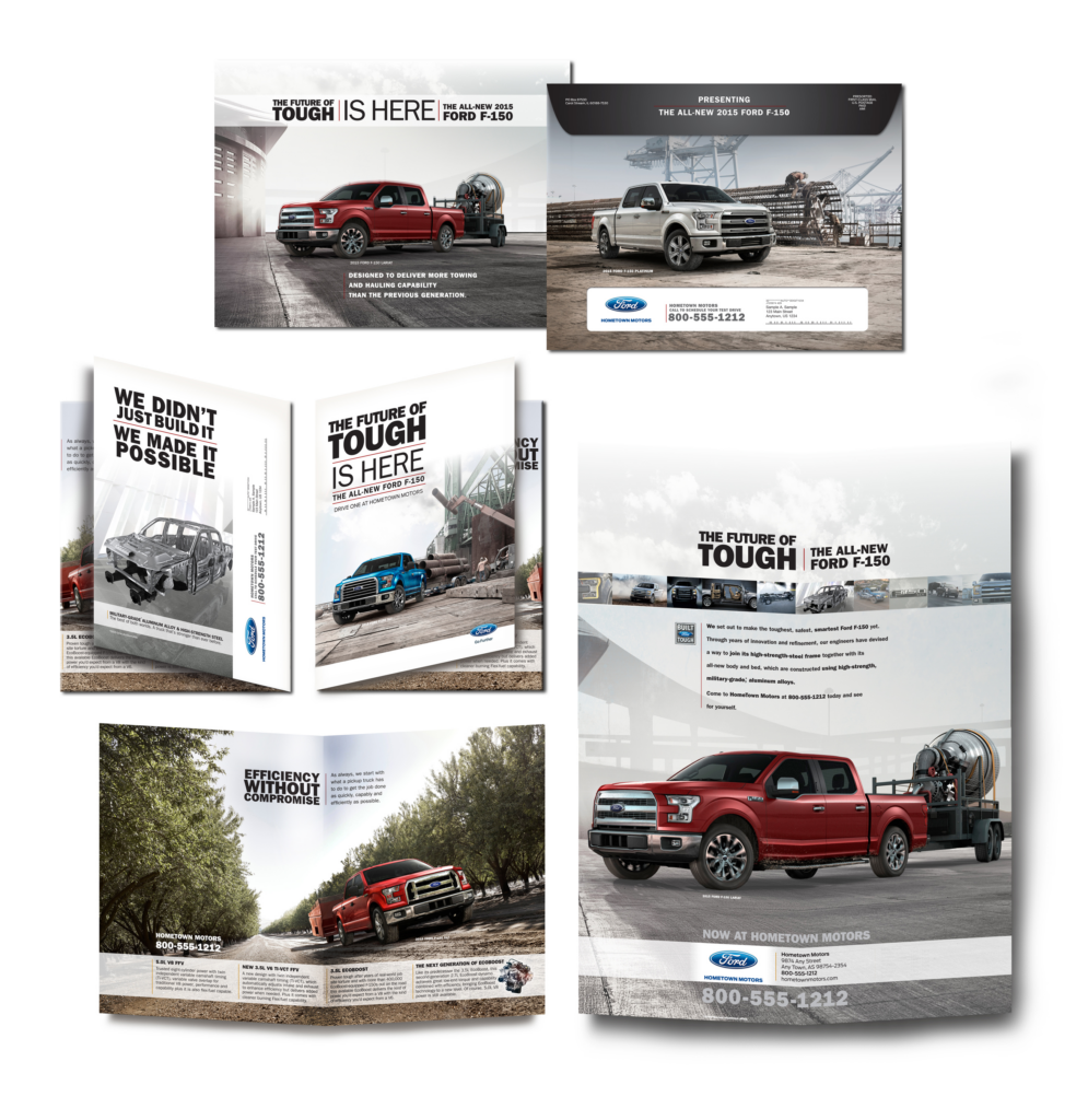 Promotional materials showcasing various Ford trucks, emphasizing their toughness and capabilities. Relevant for an automotive marketing campaign.